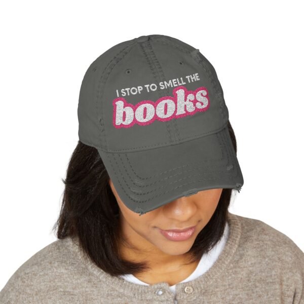 Distressed Embroidered “I Stop to Smell the Books” Dad Hat – Charcoal Gray Bookish Cap - Image 3