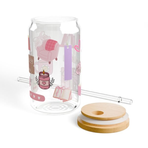 Book Lover 16oz Glass Tumbler with Bamboo Lid & Straw – Pink Cozy Reading Design - Image 3
