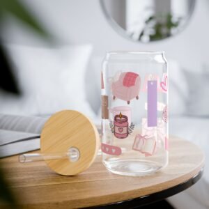 Book Lover 16oz Glass Tumbler with Bamboo Lid & Straw – Pink Cozy Reading Design