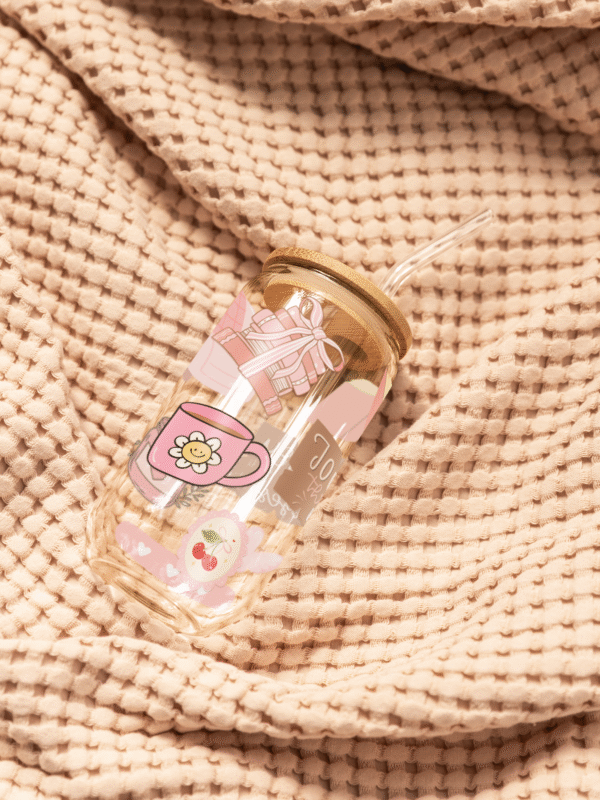 Book Lover 16oz Glass Tumbler with Bamboo Lid & Straw – Pink Cozy Reading Design - Image 2